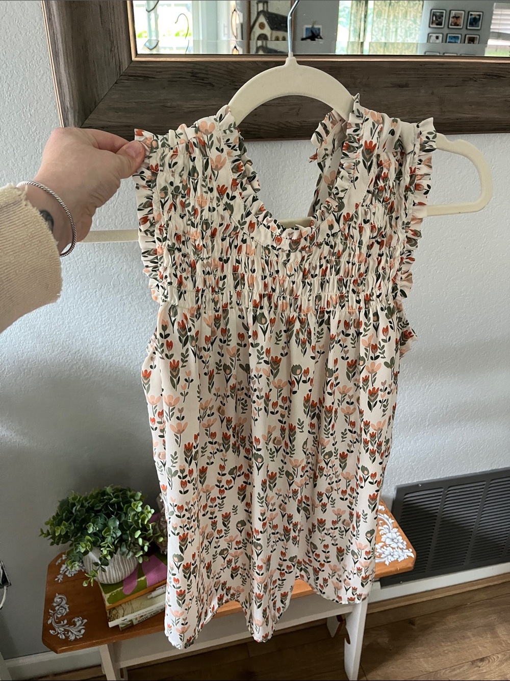 Smocked Floral shirt  in Cream with Rust & Green